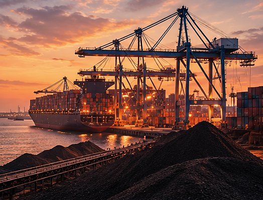 Container port with gantry cranes and a bulk stockpile at dusk