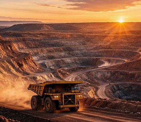 Yellow haul truck on a terraced open-pit mine at sunset
