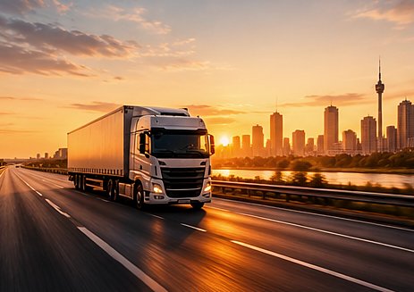Freight truck on a highway at sunrise with a city skyline behind